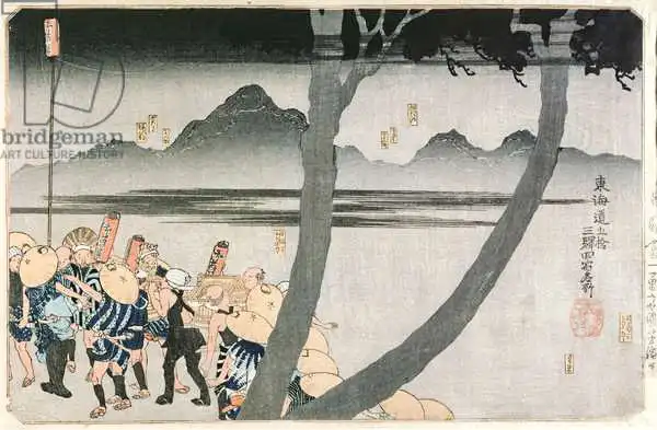 Kuniyoshi, Utagawa: Numéro 2: Stations Hodogaya, Totsuka, Fujisawa et Hiratsuka, à partir de «vues célèbres sur les cinquante-trois stations du Tokaido», pub. par tsuru-ya kihei et tsuta-ya kichizo