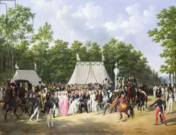 Lecomte, Hippolyte: Louis XVIII (1755-1824) saluer Marie-caroline-Ferdinande de Bourbon, princesse de Sicile, au Croix de Saint-Herem dans la forêt de Fontainebleau, 15 juin 1816