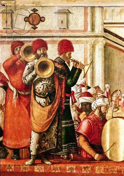 Carpaccio, Vittore: St. George Baptising the Gentiles, detail of musicians on the left hand side, 1501-07