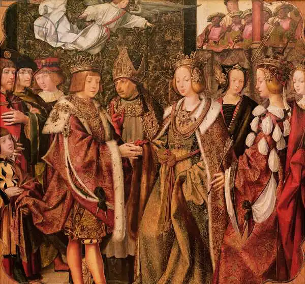 Unknown: St. Ursula et Prince Etherius se faisant un vœu solennel, panel du retable de St. Auta, vers 1520 (détail)