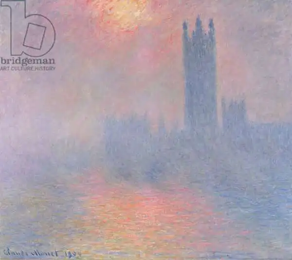 Monet, Claude: Les maisons du Parlement, Londres, avec le soleil qui brise le brouillard