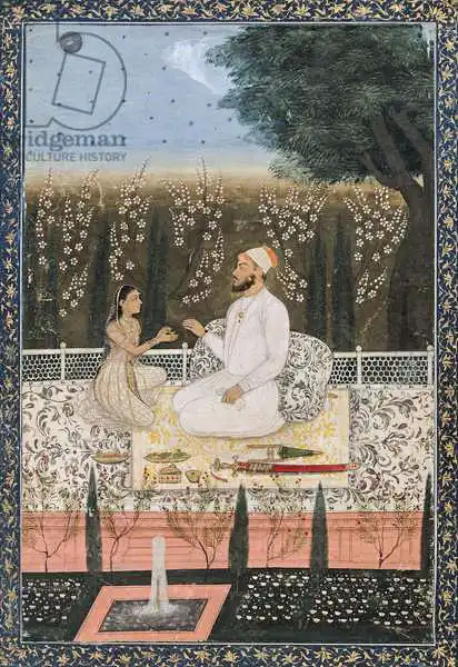 Indian school (19th century): Paar auf einer Terrasse in einem Garten