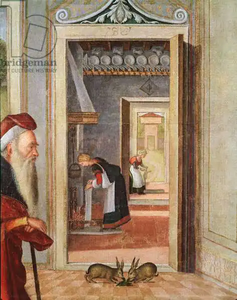 Carpaccio, Vittore: The Birth of the Virgin, detail of servants in the background, 1504-08