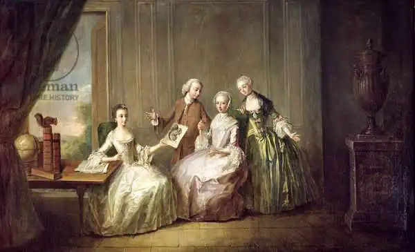 Mercier, Philippe: Famille dans un intérieur avec des écureuils, peut-être la famille Burton d