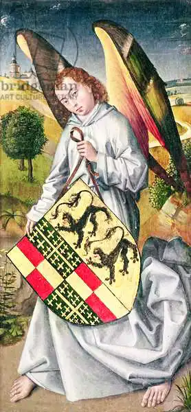 Weyden, Rogier van der: Angel holding a shield with the heraldic arms of de Chaugy and Montagu families with the two leopards of the de Jaucourt