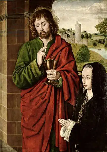 Unknown: Anne de France (1462-1522) Dame de Beaujeu, duchesse de Bourbon, présentée par St. John the Evangelist, aile droite d