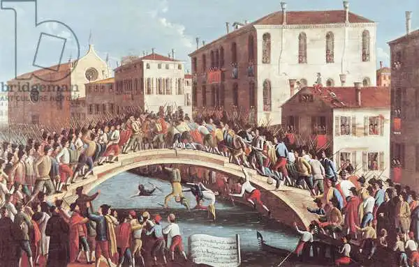 Bella, Gabriele: Kampf mit Stöcken am Ponte Santa Fosca, Venedig