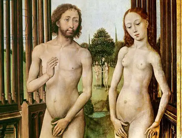 Weyden, Rogier van der: Triptych of the Redemption, left panel: Adam and Eve chased out of Paradise
