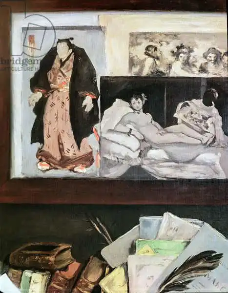 Manet, Edouard: Portrait of Emile Zola (1840 - 1902) (detail of the upper right hand wall depicting Japanese prints, 