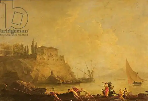 Vernet, Claude Joseph: Paysage marin, coucher du soleil: les pêcheurs poussant un bateau