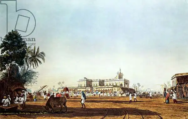 Fraser, James Baillie: Lall Bazaar et la chapelle portugaise, Calcutta, gravée par Robert Havell, pub. 1824