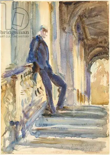Sargent, John Singer: Sir Neville Wilkinson auf den Stufen der Palladian Bridge in Wilton House, 1904-5