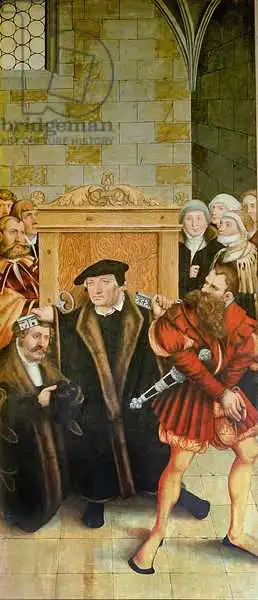 Cranach, Lucas: Triptych, left panel, Philipp Melanchthon performs a baptism assisted by Martin Luther