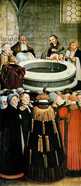 Cranach, Lucas: Triptych, left panel, Philipp Melanchthon performs a baptism assisted by Martin Luther