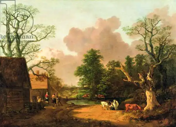 Gainsborough, Thomas: A Landscape with Figures, Farm Buildings and a Milkmaid, c.1754-6