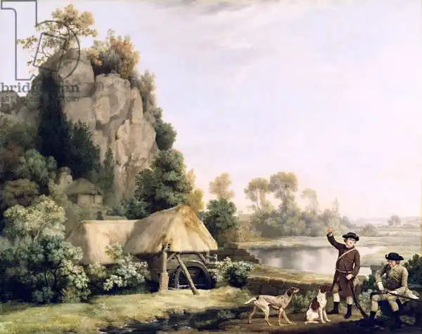 Stubbs, George: Deux messieurs qui font une fusillade, avec une vue sur Creswell Crags, pris sur place