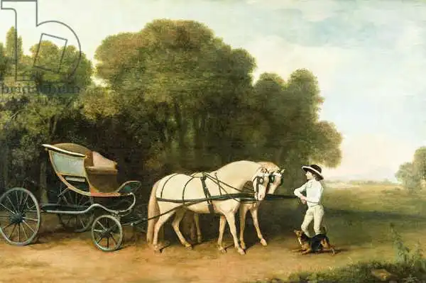 Stubbs, George: Un phaeton avec une paire de poneys crème à la charge d