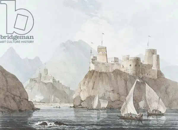 Daniell, Thomas: East View of the Forts Jellali and Merani, Muskah