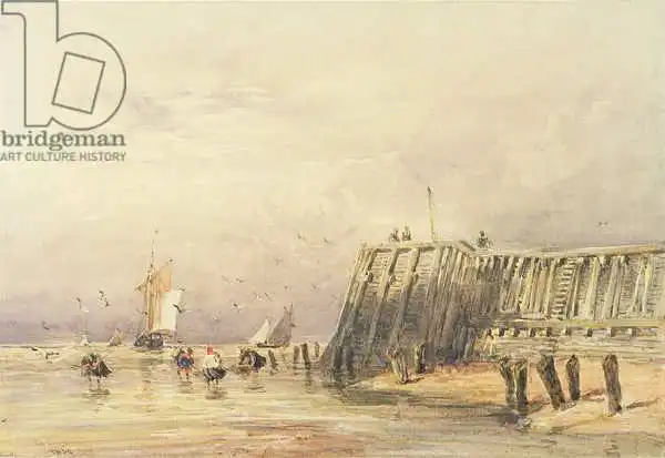 Cox, David: Paysage marin avec des barges et des figures à voile pataugeant off-shore