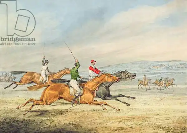 Alken, Henry Thomas: Steeplechasing: Three Riders galloping to right, mounted spectators in background