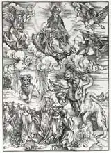 Dürer, Albrecht: Scene from the Apocalypse, The seven-headed and ten-horned dragon