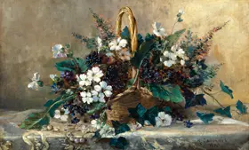 Cauchois, Eugene Henri: Proutěný košík se sněhovým květem a fialkami