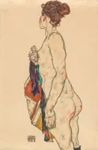 Schiele, Egon: Stojící nahá žena se vzorovaným županem 1917