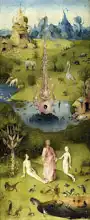 Bosch, Hieronymus: Zahrada pozemských rozkoší - Adam a Eva s Kristem (detail)