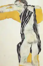 Schiele, Egon: Ležící nahá dívka v pruhovaném kombiné