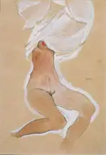 Schiele, Egon: Sedící nahá dívka s košilí nad hlavou