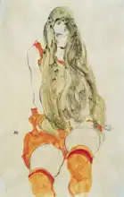 Schiele, Egon: Sedící dívka s padajícími vlasy
