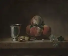 Chardin, Jean-Siméon: Zátiší s broskvemi, pohárem, ořechy a hroznovým vínem
