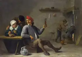 Teniers, David (ml.): Muž držící sklenici a stará žena zapalující dýmku
