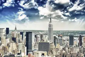 Neznámý: New York - letecký pohled při západu slunce a mrakodrapy Manhattanu