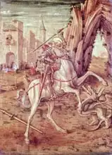 Crivelli, Carlo: St. George and the Dragon, scene from the predella panel of the Madonna della Rondine altarpiece