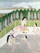 Indická škola (19. století): Girls Bathing, Pahari Style, Kangra School, Himachel Pradesh