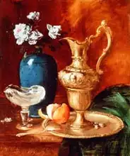 Vollon, Antoine: Still life of a gilt ewer, vase of flowers and a facon de Venise bowl
