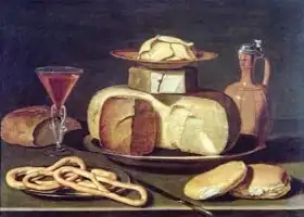 Beert, Osias (st.): Still Life with bread, cheese, wine and pretzels