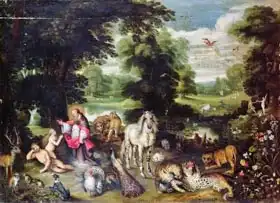 Brueghel, Jan (st.): Adam and Eve with God in the Garden of Eden and the story of the Fall
