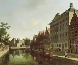 Berckheyde, Gerrit: View of the Kloveniersburgwal in Amsterdam, with the Waag, and barge moored in the front of Trippenhuis to the right