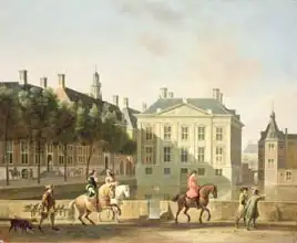Berckheyde, Gerrit: Mauritshuis from the Langevijverburg, the Hague, with hawking party in the foreground