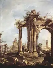 Guardi, Francesco: Capriccio with Roman Ruins, a Pyramid and Figures