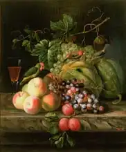 Bogdani or Bogdany, Jakob: Still life of fruit on a ledge with Parakeets