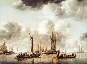 Capelle or Cappelle, Jan van de: Dutch Yacht Firing a Salute as a Barge Pulls Away