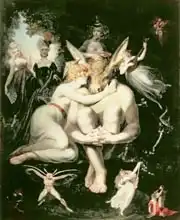 Fuseli, Henry: Titania Awakes, Surrounded by Attendant Fairies, clinging rapturously to Bottom, still wearing the Ass Head