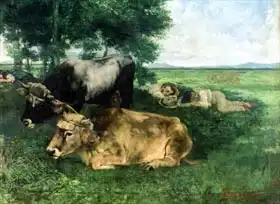 Courbet, Gustave: La Siesta Pendant la saison des foins (and detail of animals sleeping under a tree)