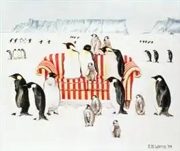 Watts, E.B.: Penguins on a red and white sofa