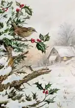 Donner, Carl: Wren in Hollybush by a cottage