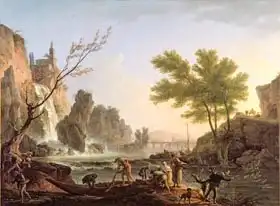 Vernet, Claude Joseph: Fisherman in a landscape with a cascade and a bridge