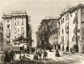 Anglická škola (19. století): Street in Barcelona, illustration from panish Pictures by the Rev. Samuel Manning